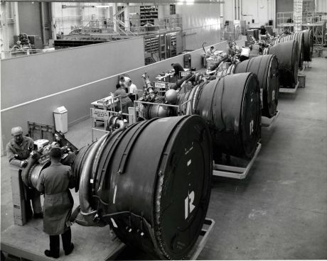 Archive photo of the J-2 assembly line at Aerojet Rocketdyne’s Los Angeles facility.<br />
Six hydrogen-fueled J-2 rocket engines were used on the Saturn V to take humans to the Moon.